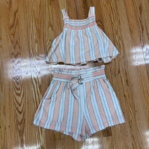 Free People Peach/Cream Striped Two-Piece Set With Frayed Edges
